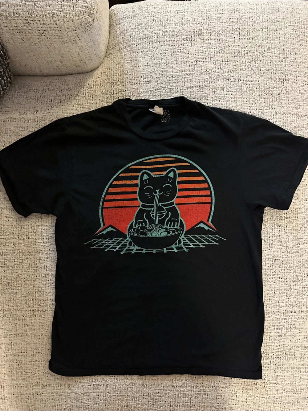 Ramen Noodle Cat Black Tee with Teal Cat & Orange Sunset Graphic